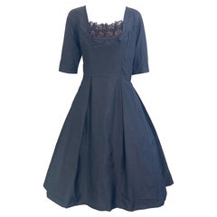 Vintage 1950s Frank Starr Black Silk Cocktail Dress Lace Bodice Full Skirt
