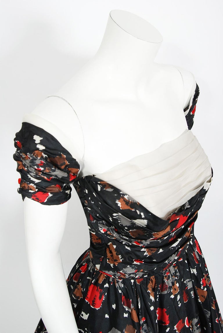 Black Vintage 1950's Fred Perlberg Atomic Print Silk Shelf-Bust Circle Skirt Dress  For Sale