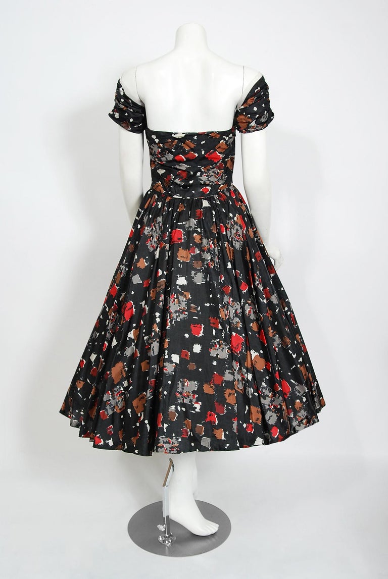 Vintage 1950's Fred Perlberg Atomic Print Silk Shelf-Bust Circle Skirt Dress  For Sale 3