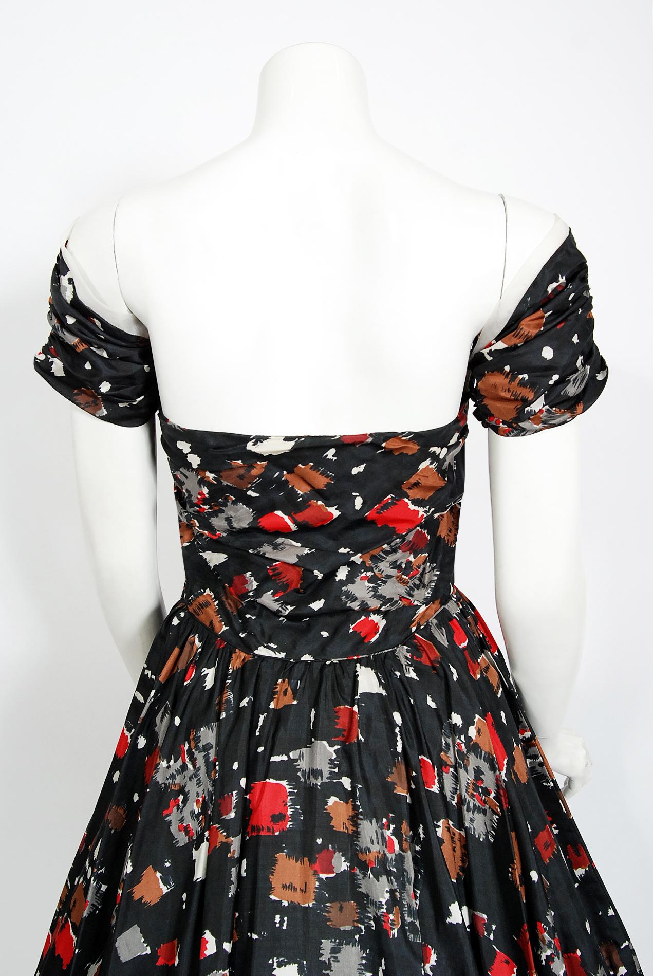 Vintage 1950's Fred Perlberg Atomic Print Silk Shelf-Bust Circle Skirt Dress  1