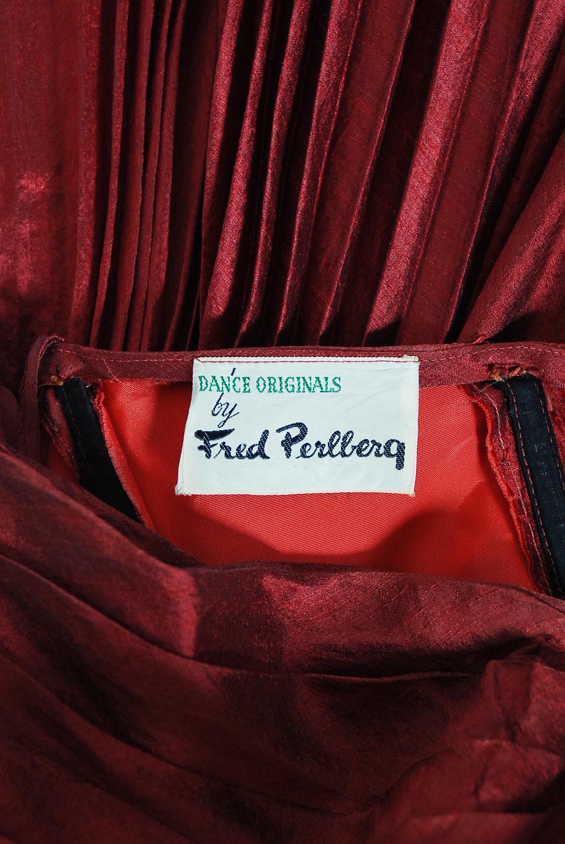 Vintage 1950's Fred Perlberg Merlot Red Silk Halter Pleated Circle-Skirt Dress 4
