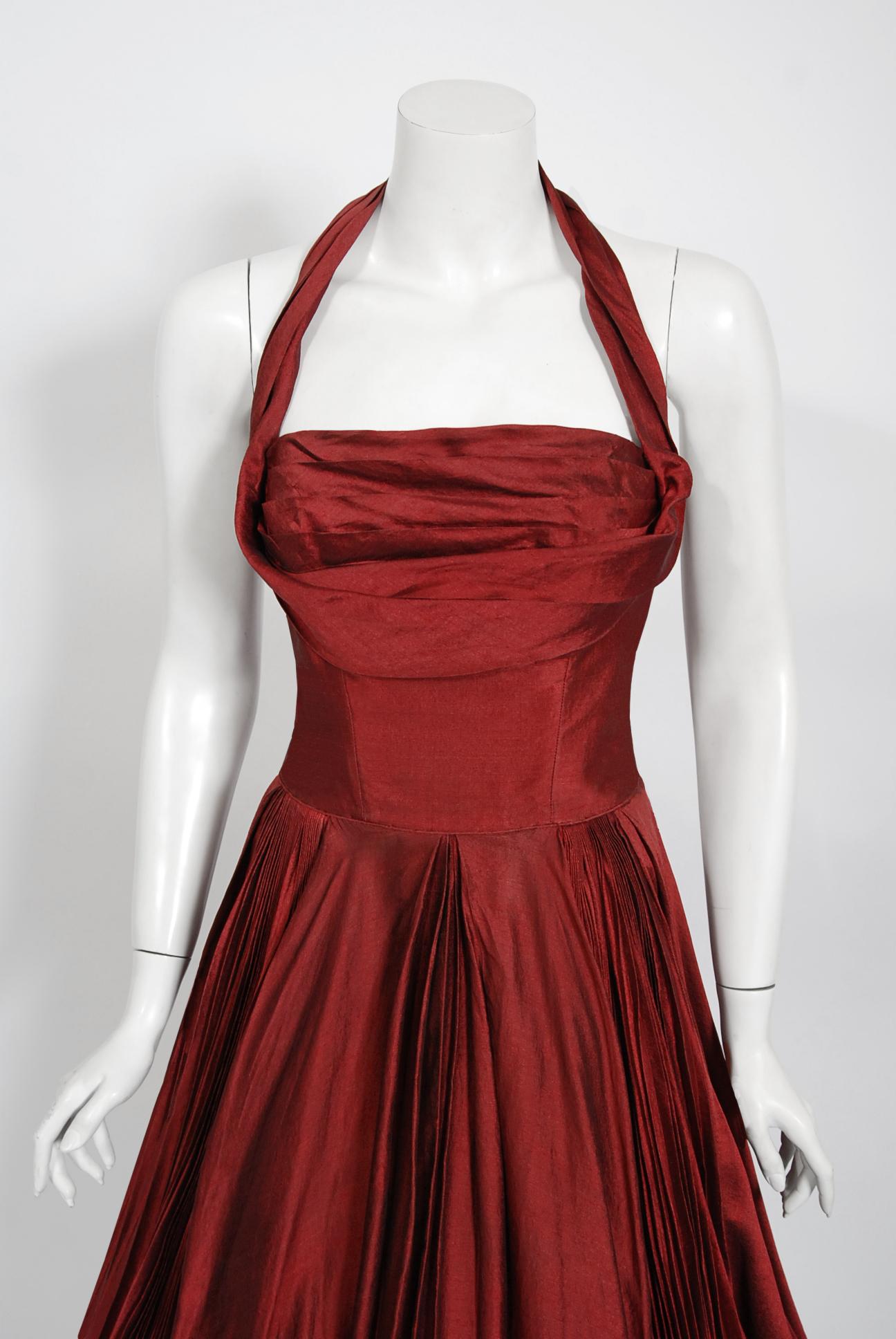red silk halter dress