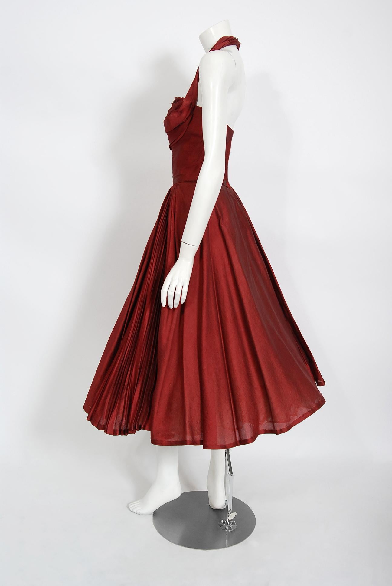 Vintage 1950's Fred Perlberg Merlot Red Silk Halter Pleated Circle-Skirt Dress In Good Condition In Beverly Hills, CA