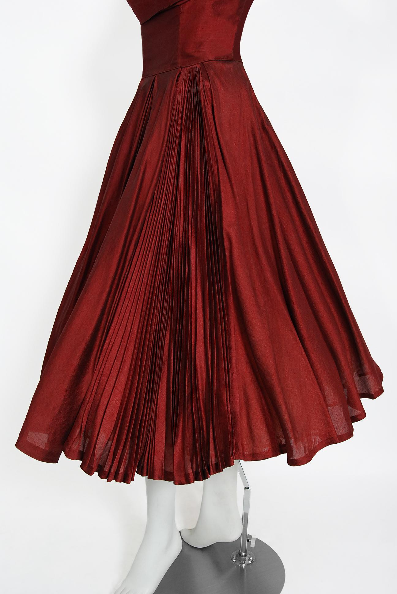 Women's Vintage 1950's Fred Perlberg Merlot Red Silk Halter Pleated Circle-Skirt Dress