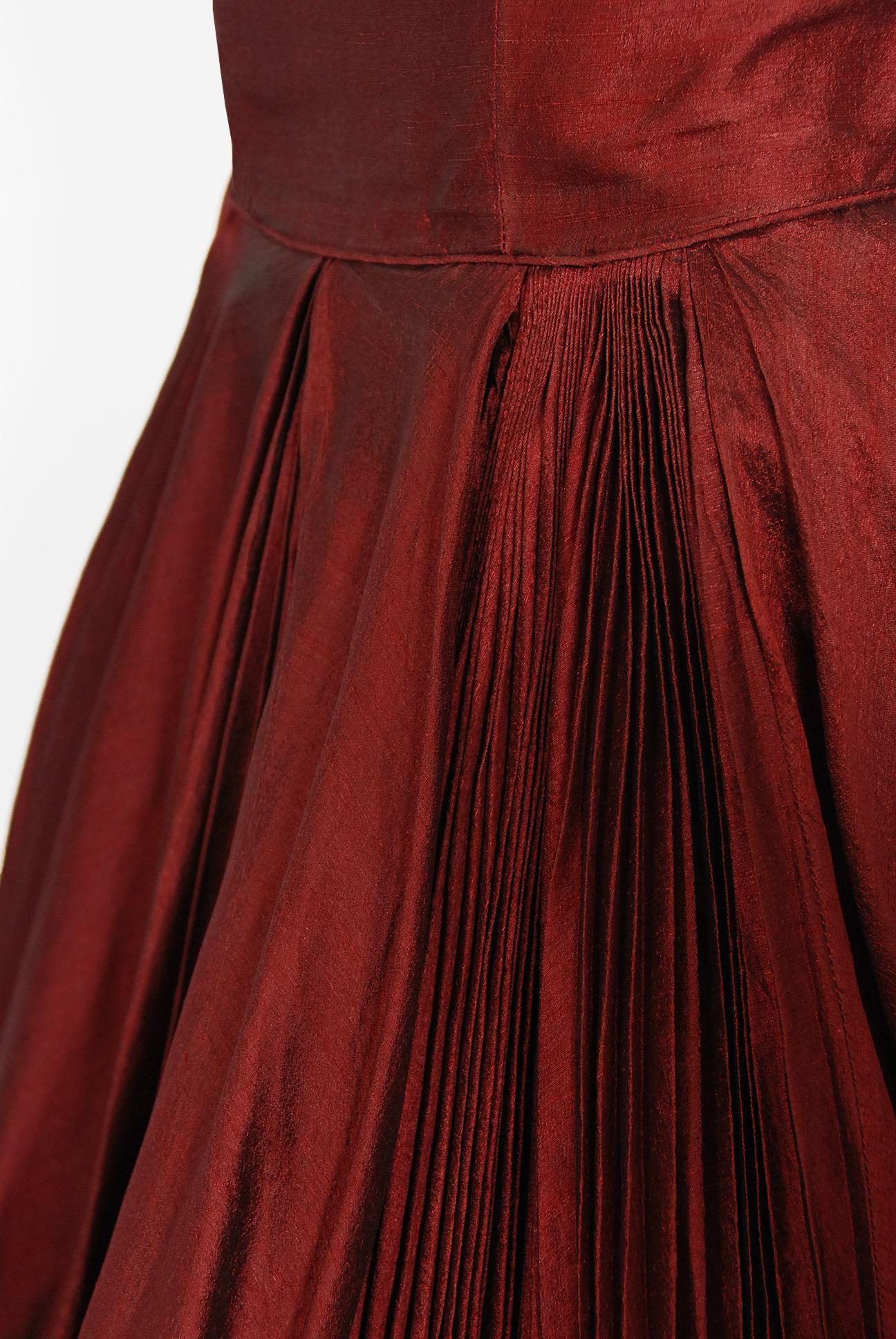 Vintage 1950's Fred Perlberg Merlot Red Silk Halter Pleated Circle-Skirt Dress 1