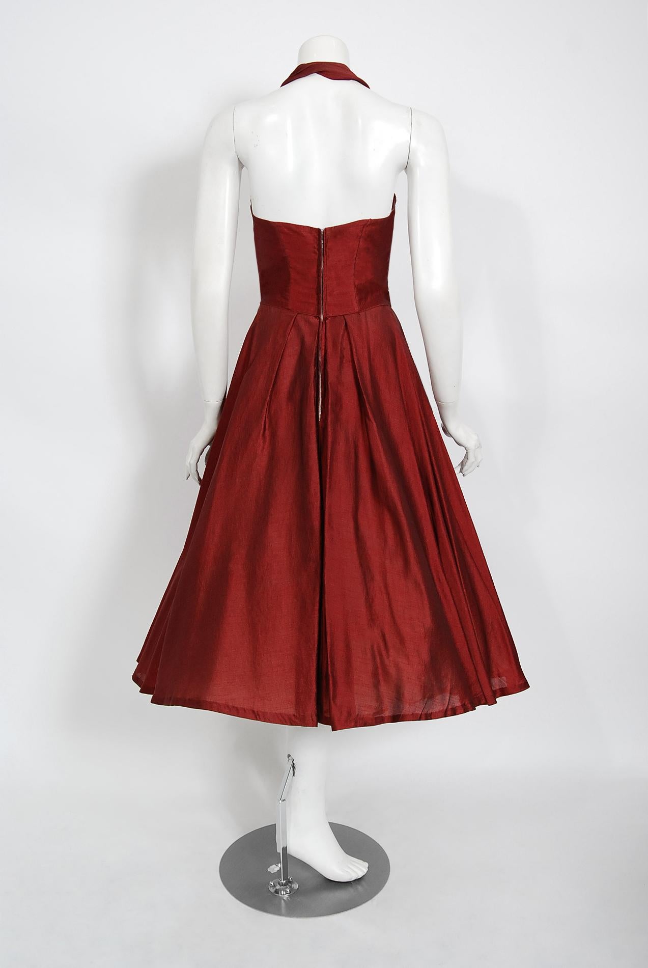 Vintage 1950's Fred Perlberg Merlot Red Silk Halter Pleated Circle-Skirt Dress 2