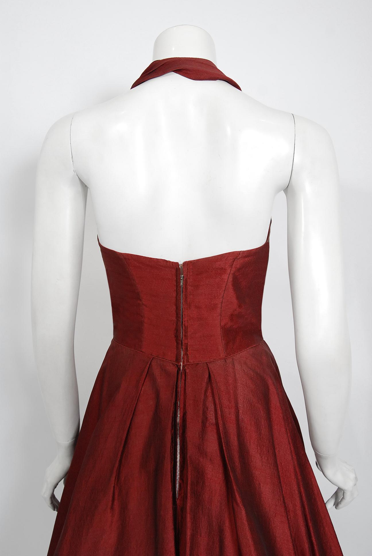 Vintage 1950's Fred Perlberg Merlot Red Silk Halter Pleated Circle-Skirt Dress 3