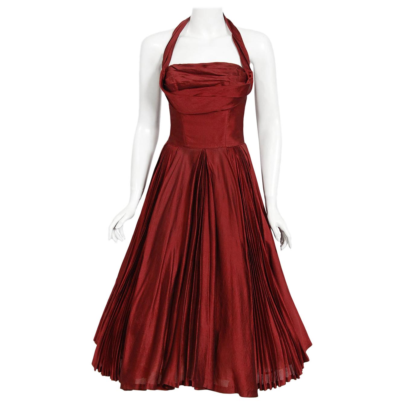 Vintage 1950's Fred Perlberg Merlot Red Silk Halter Pleated Circle-Skirt Dress