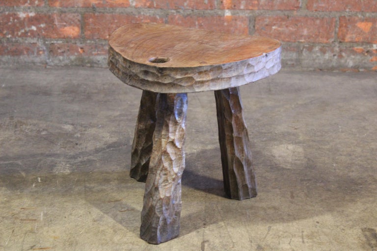 Vintage 1950s French Brutalist Gauged Oak Stool For Sale at 1stDibs