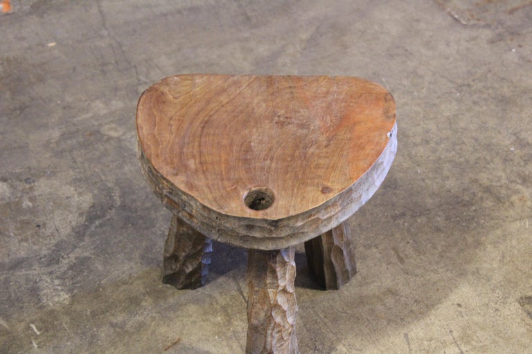 Vintage 1950s French Brutalist Gauged Oak Stool For Sale at 1stDibs