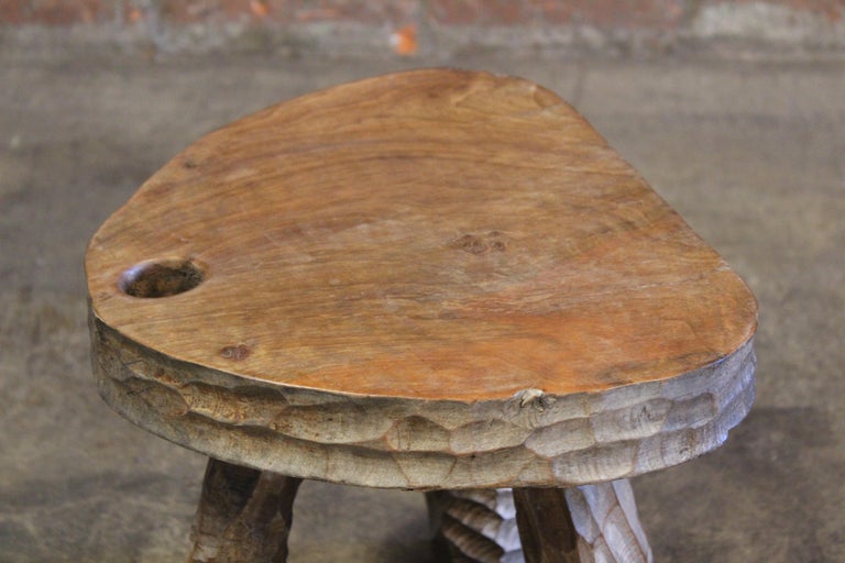 Vintage 1950s French Brutalist Gauged Oak Stool For Sale at 1stDibs