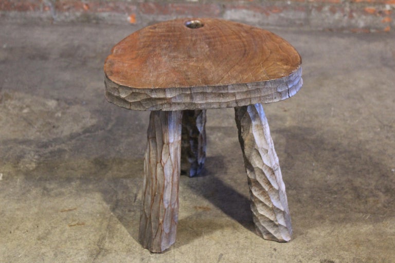 Vintage 1950s French Brutalist Gauged Oak Stool For Sale at 1stDibs