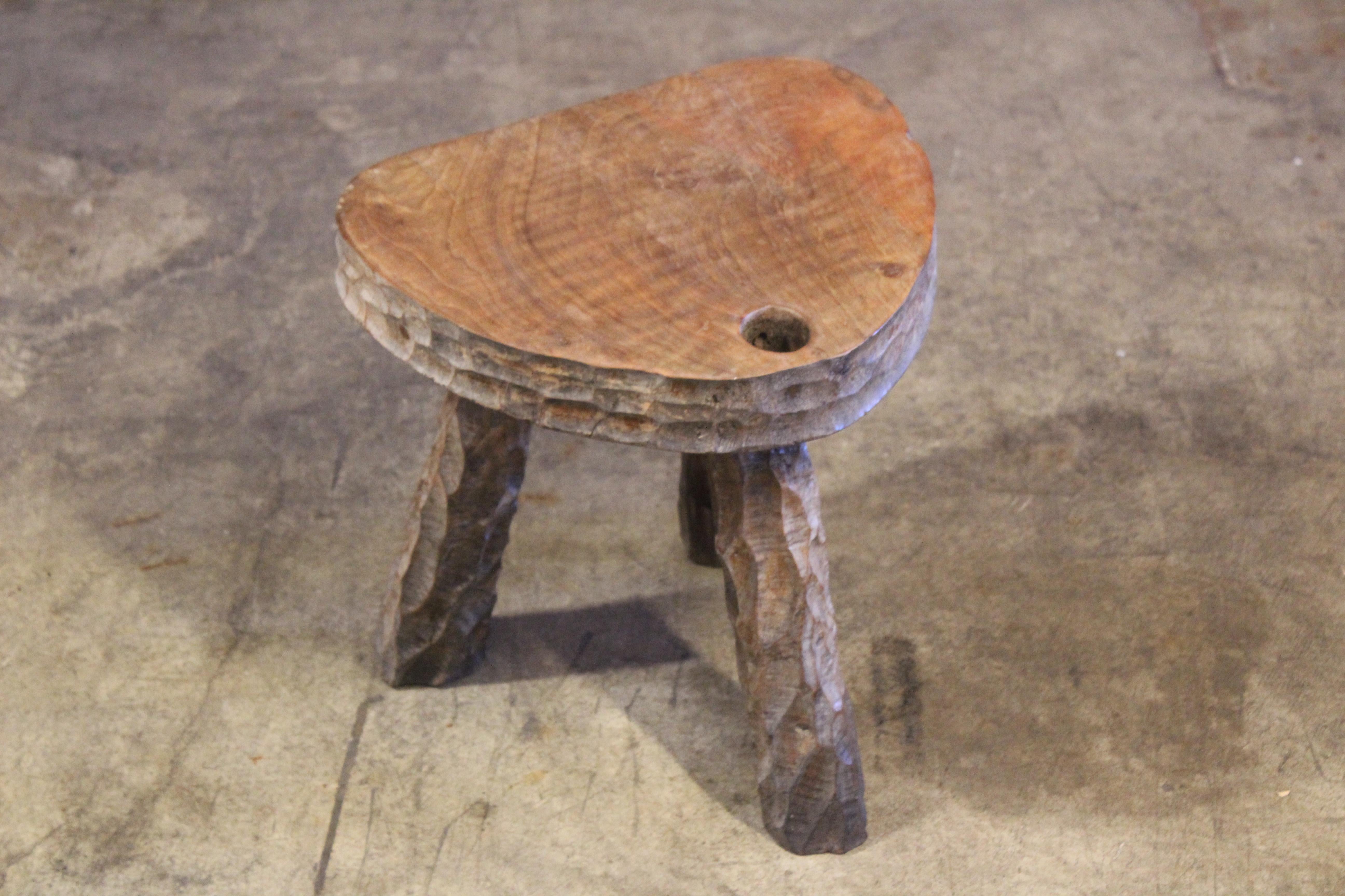 Vintage 1950s French Brutalist Gauged Oak Stool In Good Condition In Los Angeles, CA