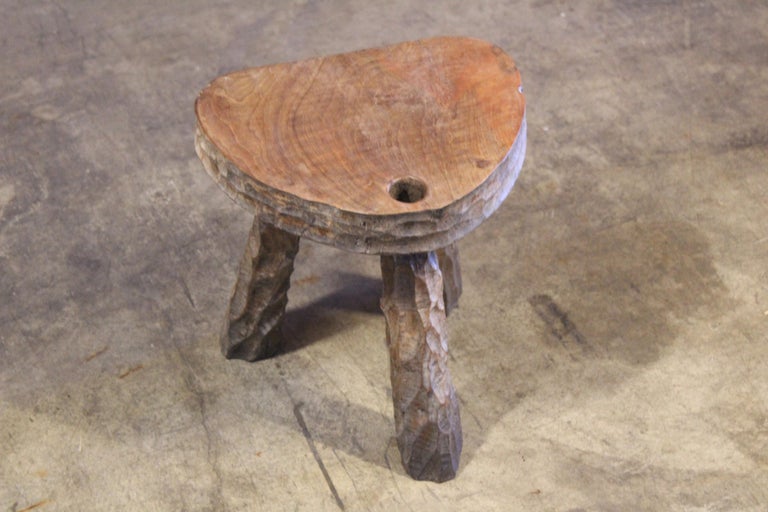 Vintage 1950s French Brutalist Gauged Oak Stool For Sale at 1stDibs