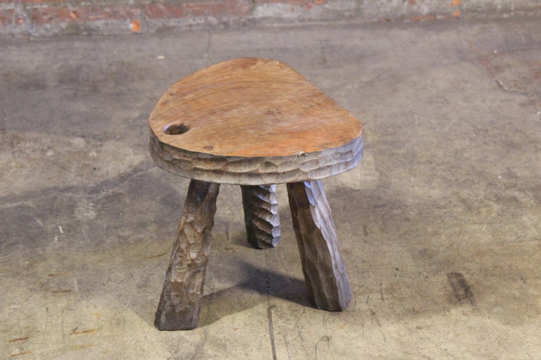 Vintage 1950s French Brutalist Gauged Oak Stool For Sale at 1stDibs