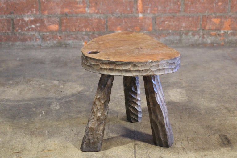 Vintage 1950s French Brutalist Gauged Oak Stool For Sale at 1stDibs