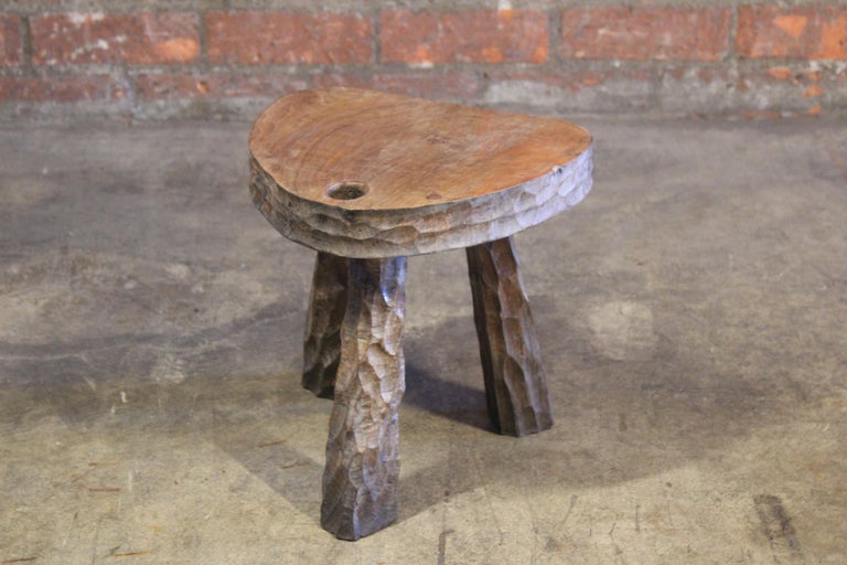 Vintage 1950s French Brutalist Gauged Oak Stool For Sale at 1stDibs