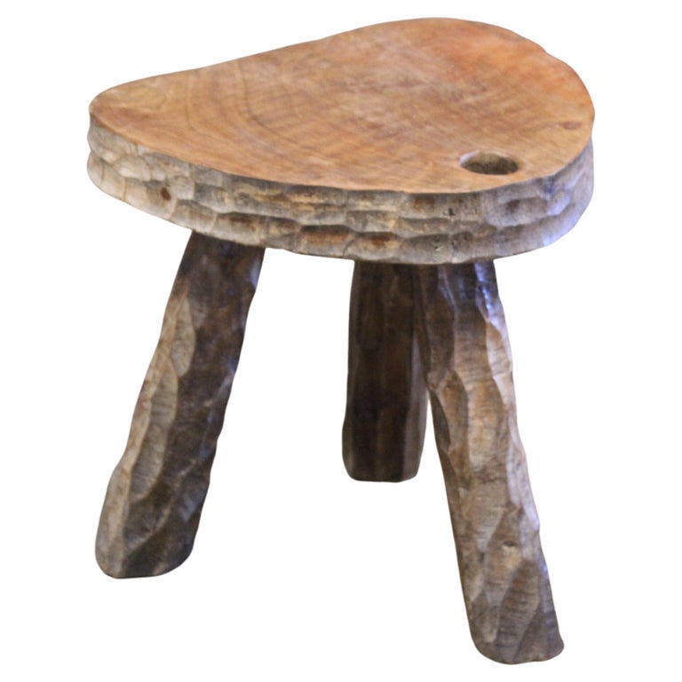 Vintage 1950s French Brutalist Gauged Oak Stool For Sale at 1stDibs