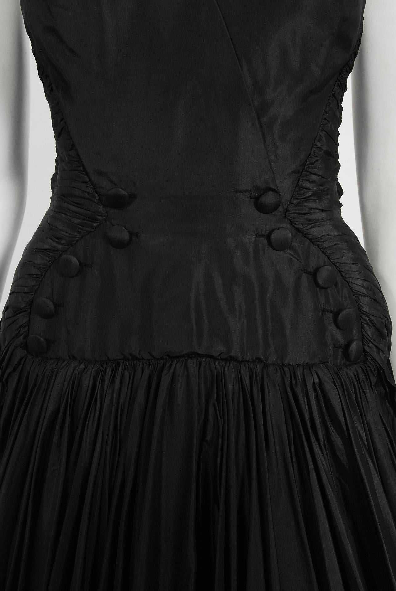 Vintage 1950's French Couture Black Heavily-Pleated Silk Strapless Party Dress In Good Condition In Beverly Hills, CA
