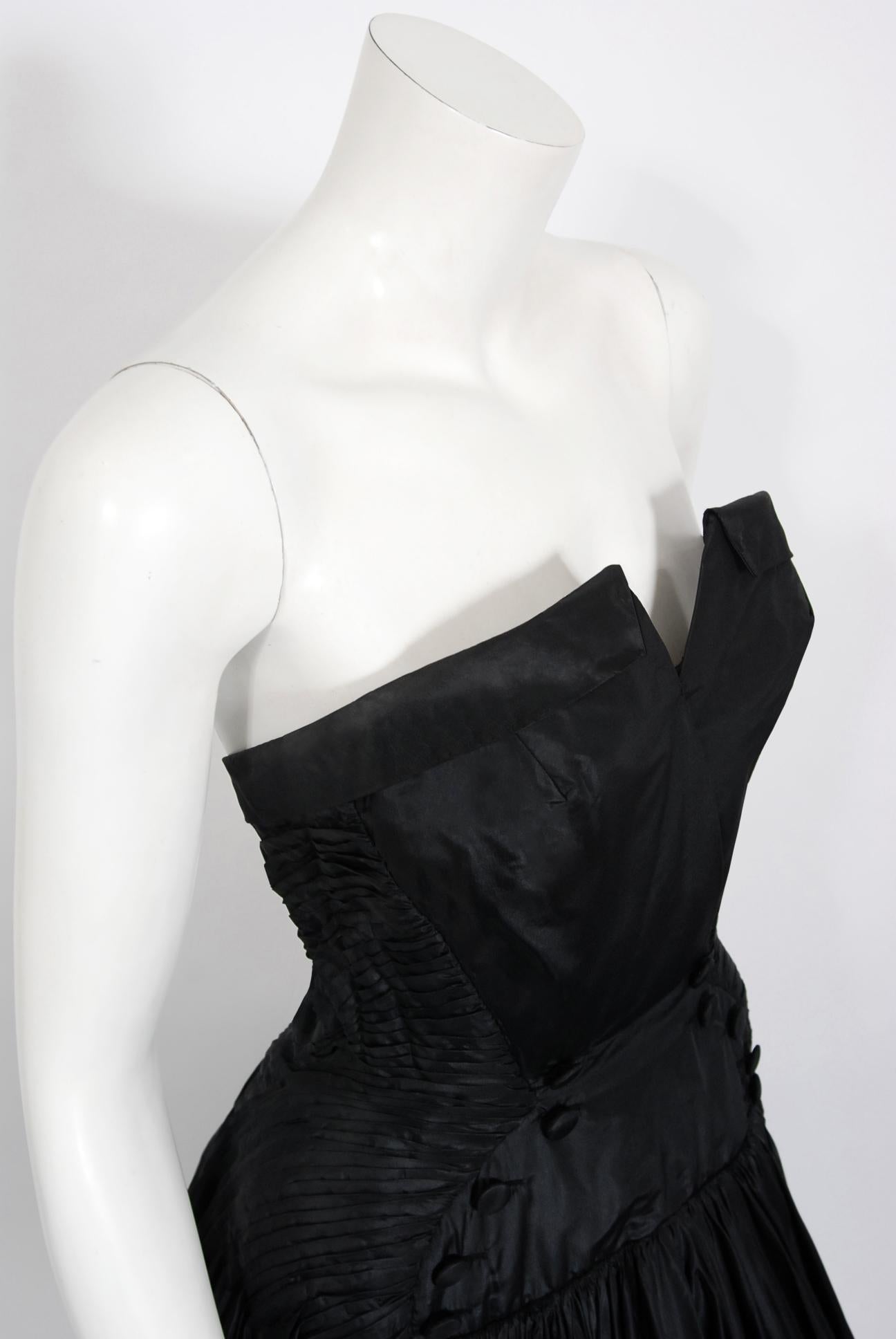 Women's Vintage 1950's French Couture Black Heavily-Pleated Silk Strapless Party Dress