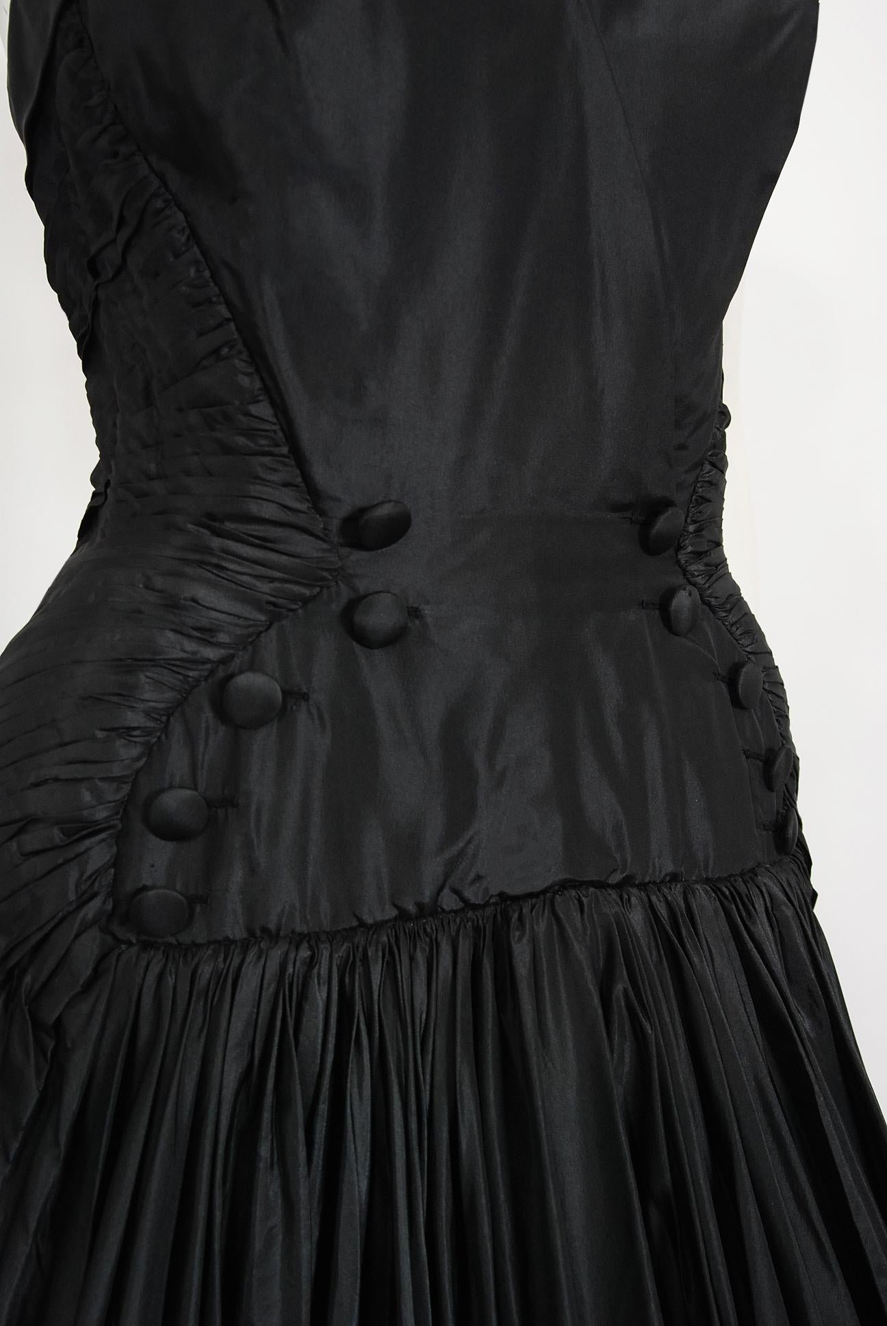 Vintage 1950's French Couture Black Heavily-Pleated Silk Strapless Party Dress 1