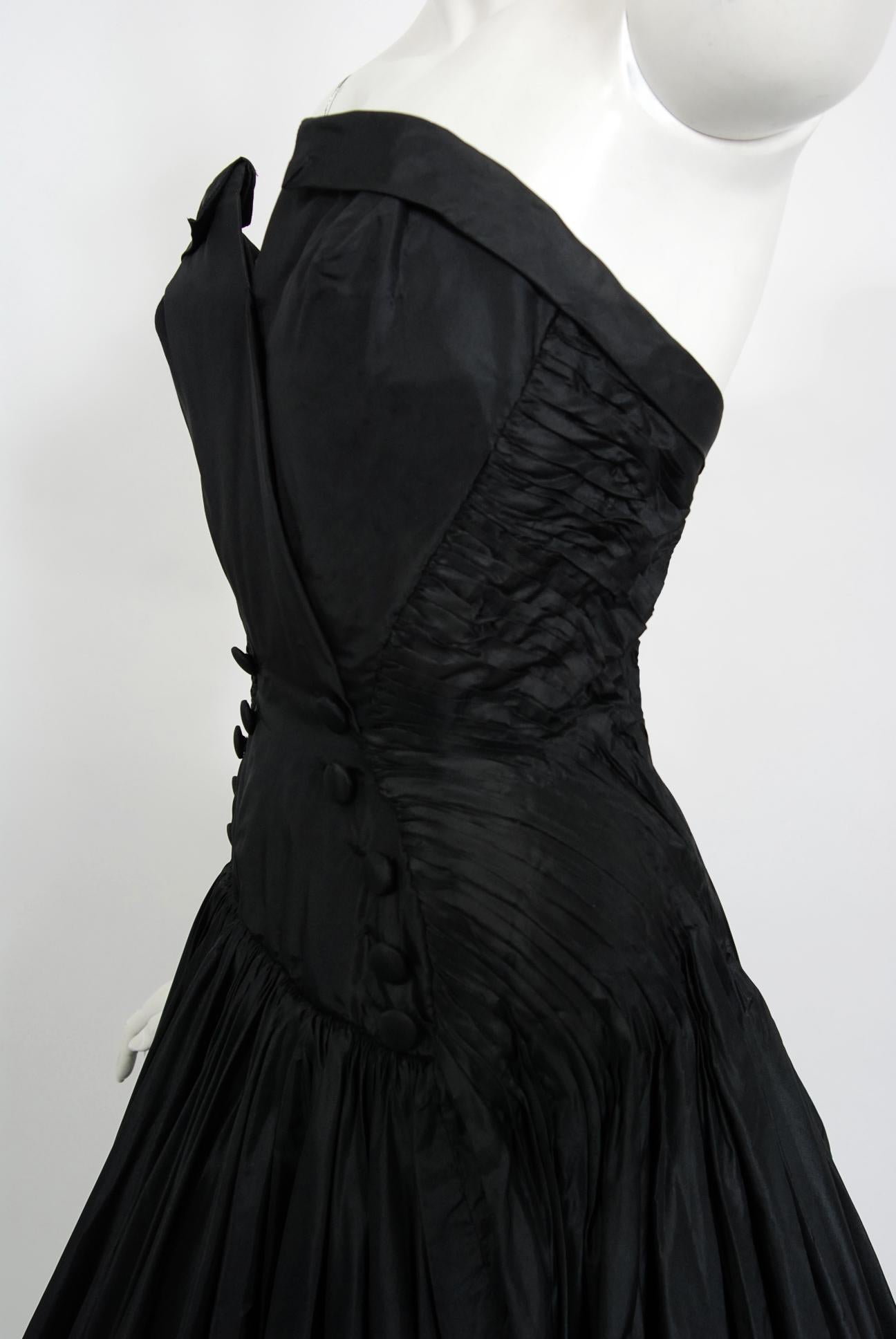 Vintage 1950's French Couture Black Heavily-Pleated Silk Strapless Party Dress 2