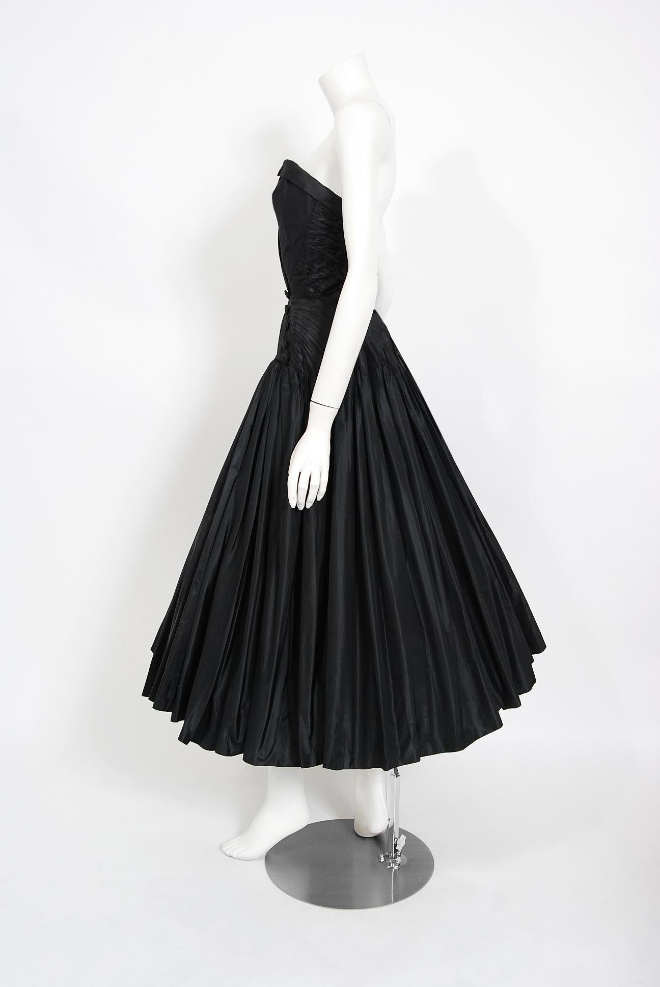 Vintage 1950's French Couture Black Heavily-Pleated Silk Strapless Party Dress 3