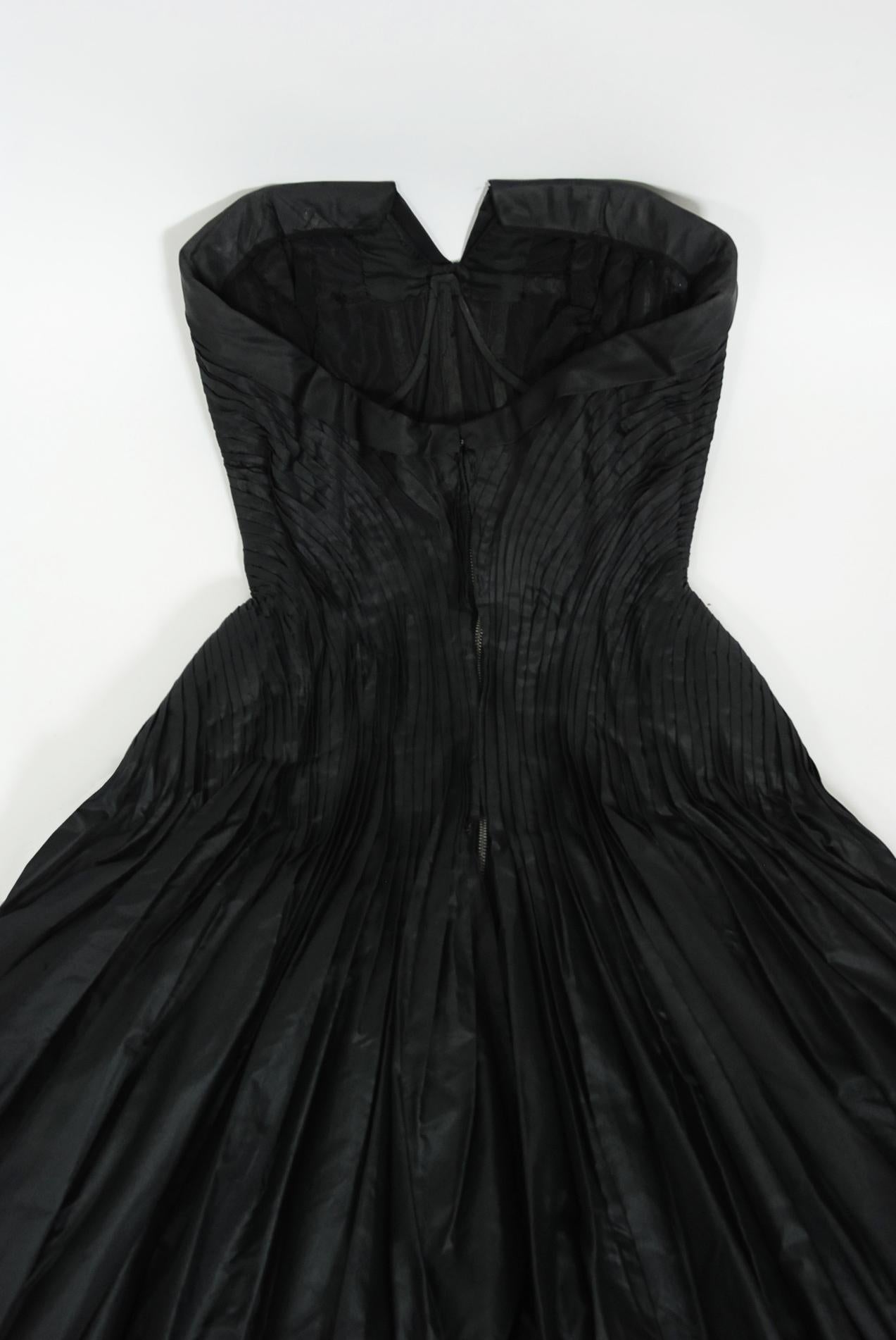 Vintage 1950's French Couture Black Heavily-Pleated Silk Strapless Party Dress 4
