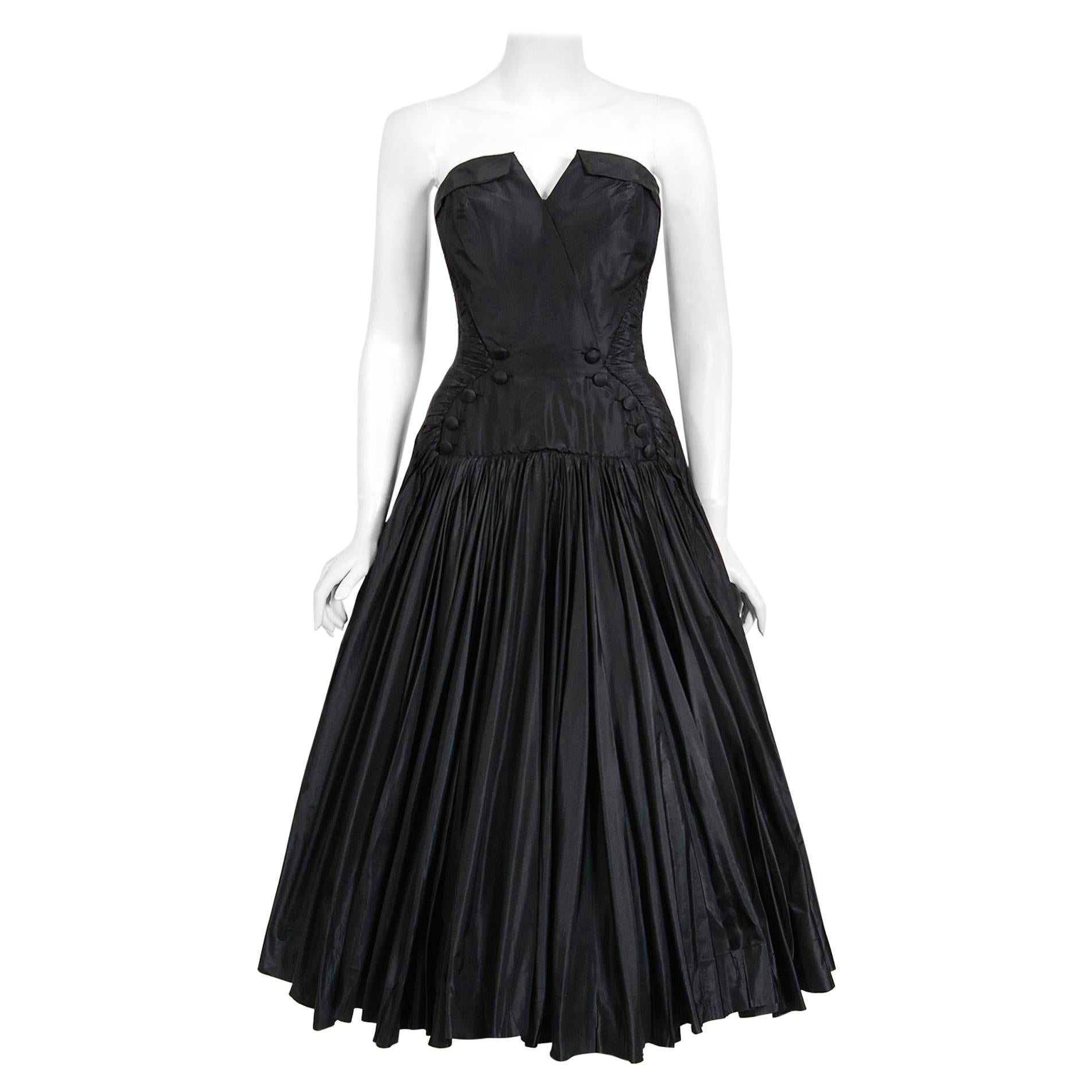 Vintage 1950's French Couture Black Heavily-Pleated Silk Strapless Party Dress