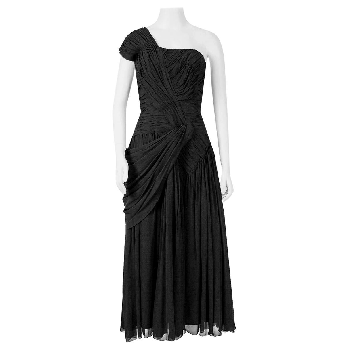 Vintage 1950's French Couture Heavily Pleated Black Chiffon One-Shoulder Dress