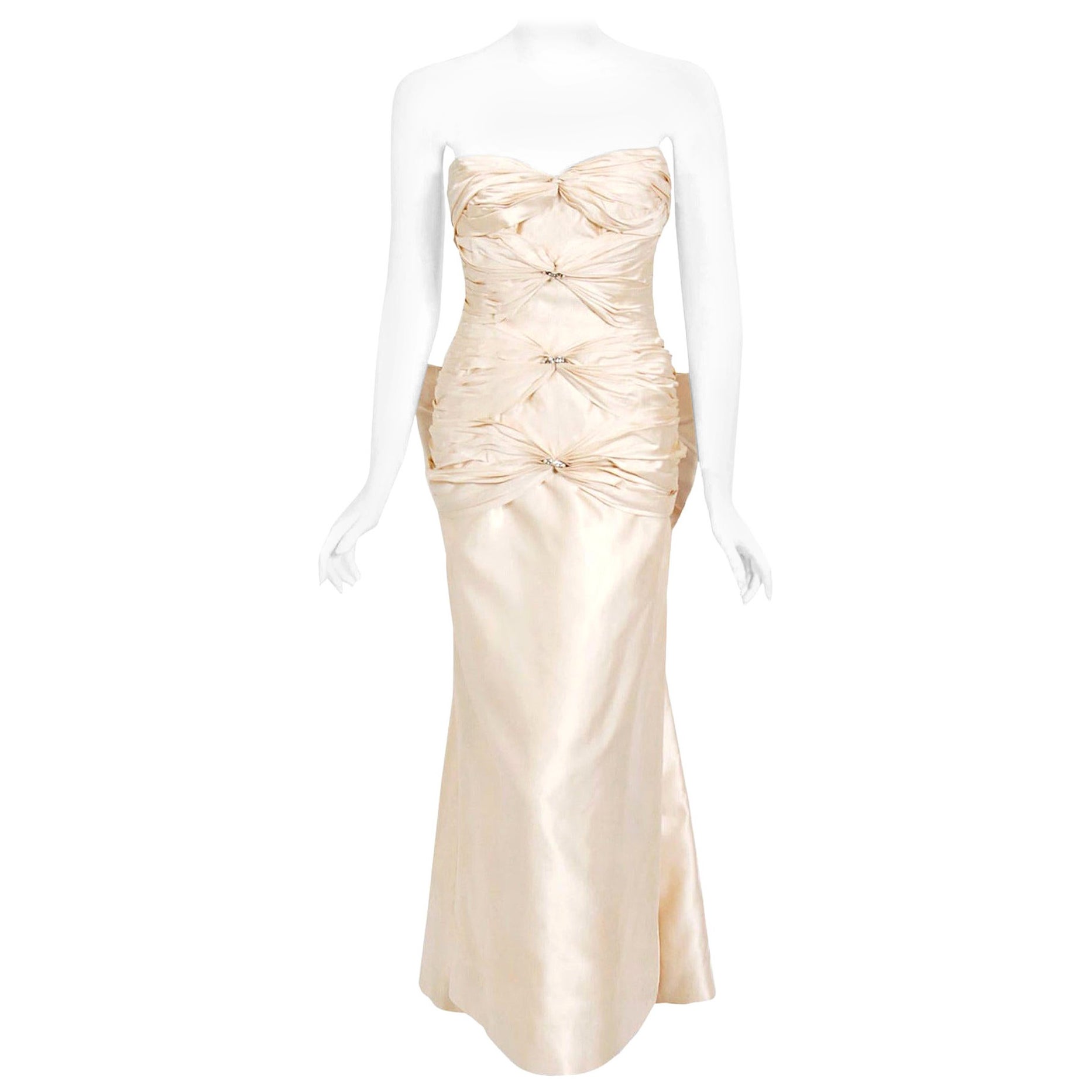 Vintage 1950
s French Couture Ivory Satin Ruched Strapless Hourglass Bridal Gown