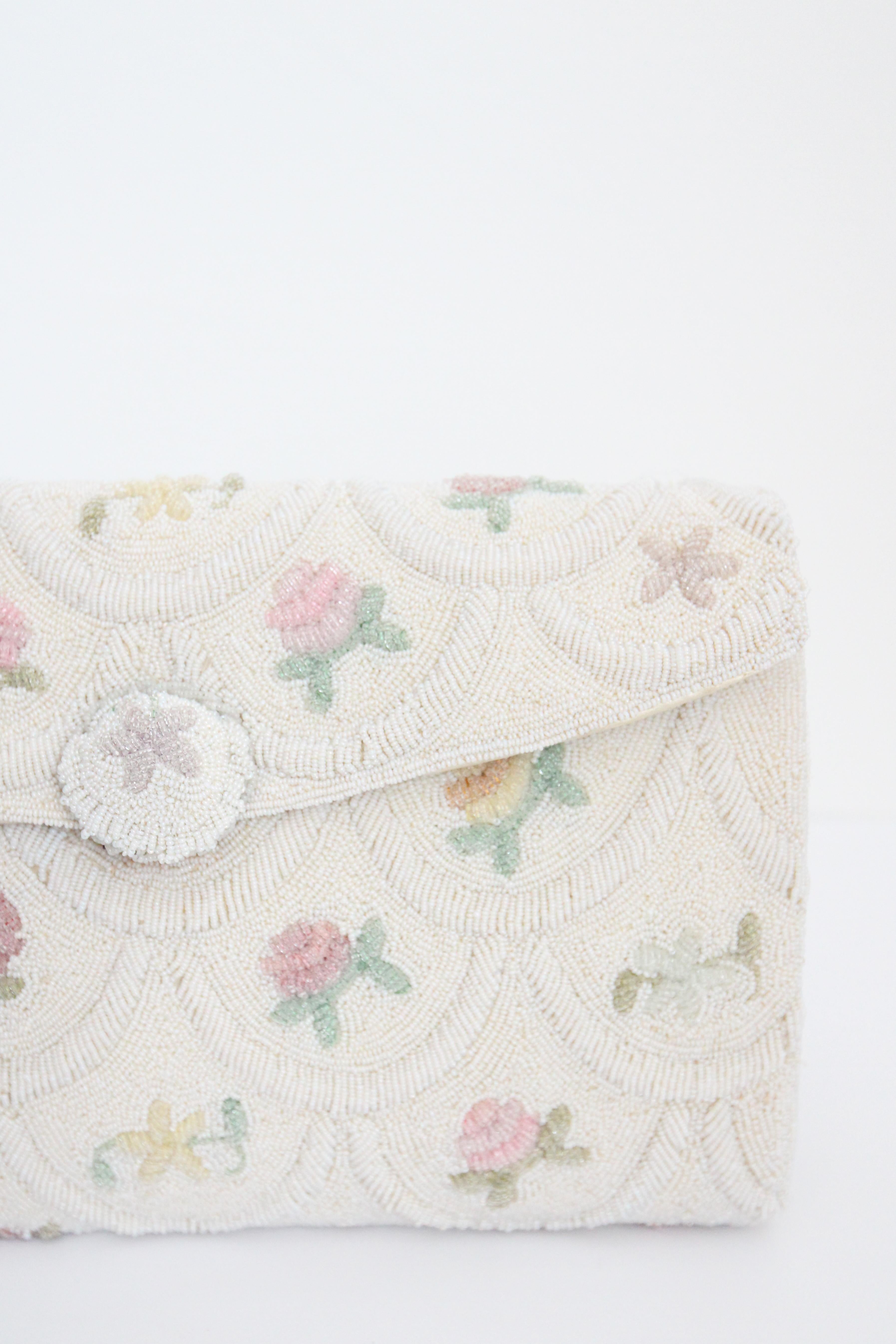 Beige Vintage 1950's French Floral Beaded Clutch Bag 1950's Beaded floral handbag For Sale