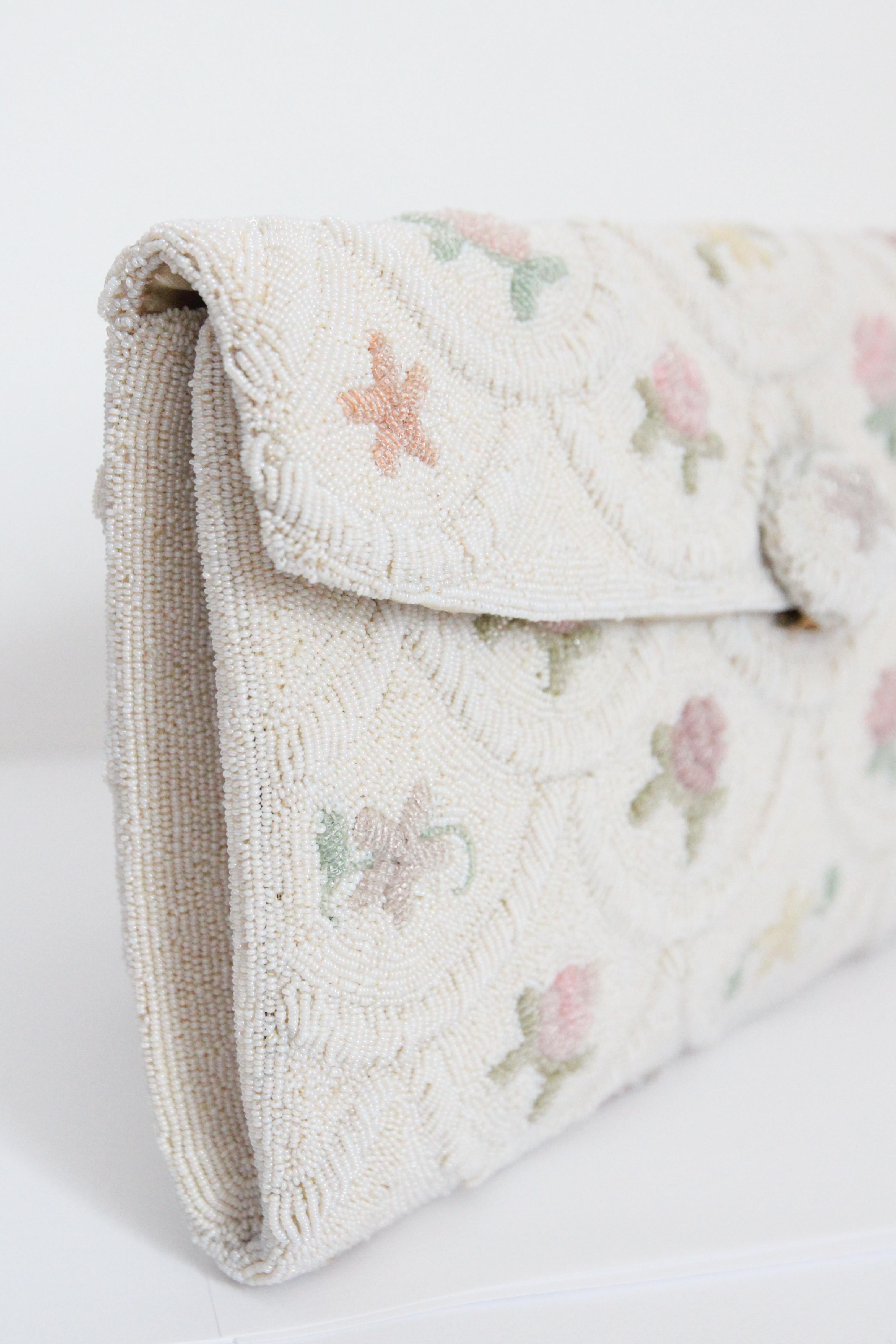 Women's or Men's Vintage 1950's French Floral Beaded Clutch Bag 1950's Beaded floral handbag For Sale