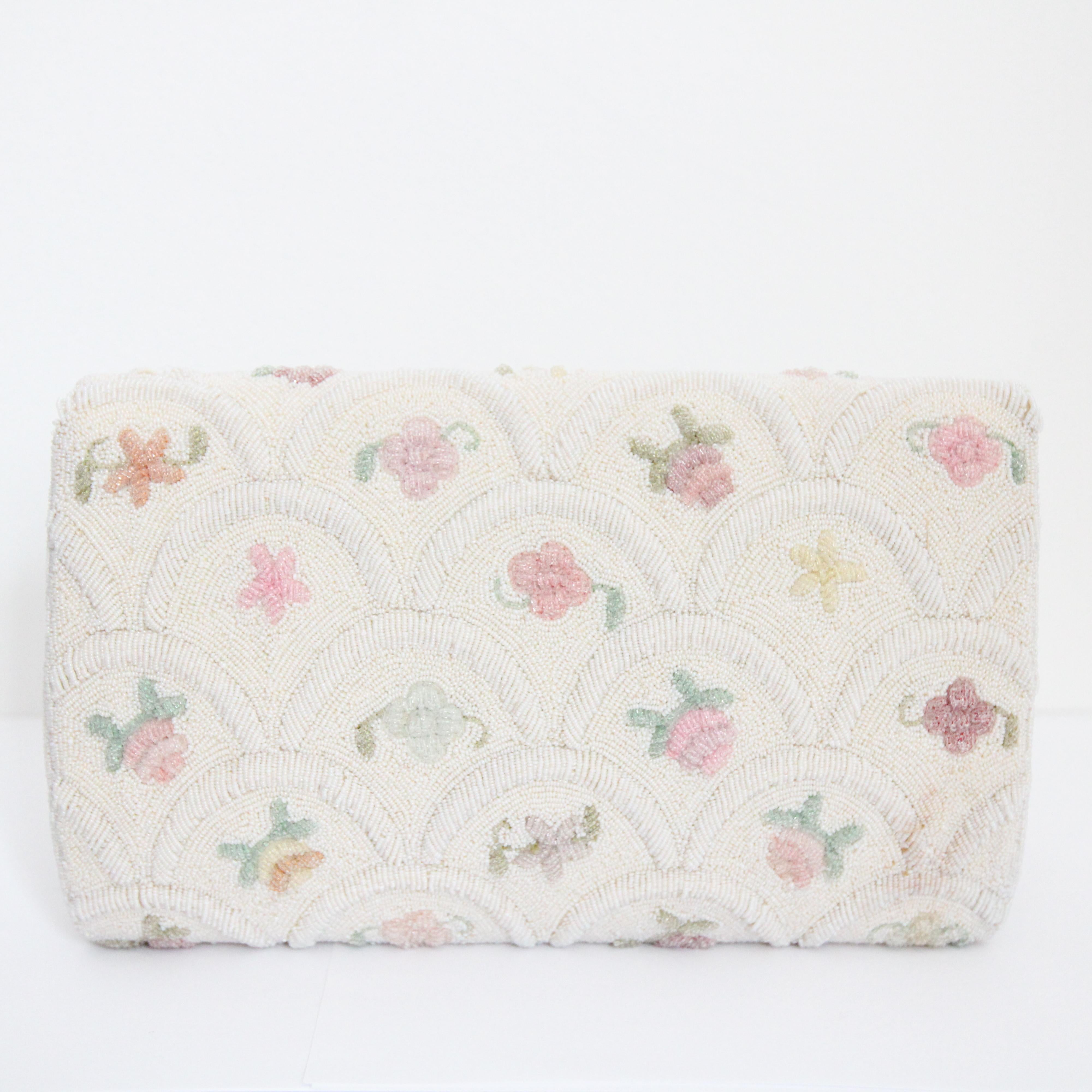 Vintage 1950's French Floral Beaded Clutch Bag 1950's Beaded floral handbag For Sale 1