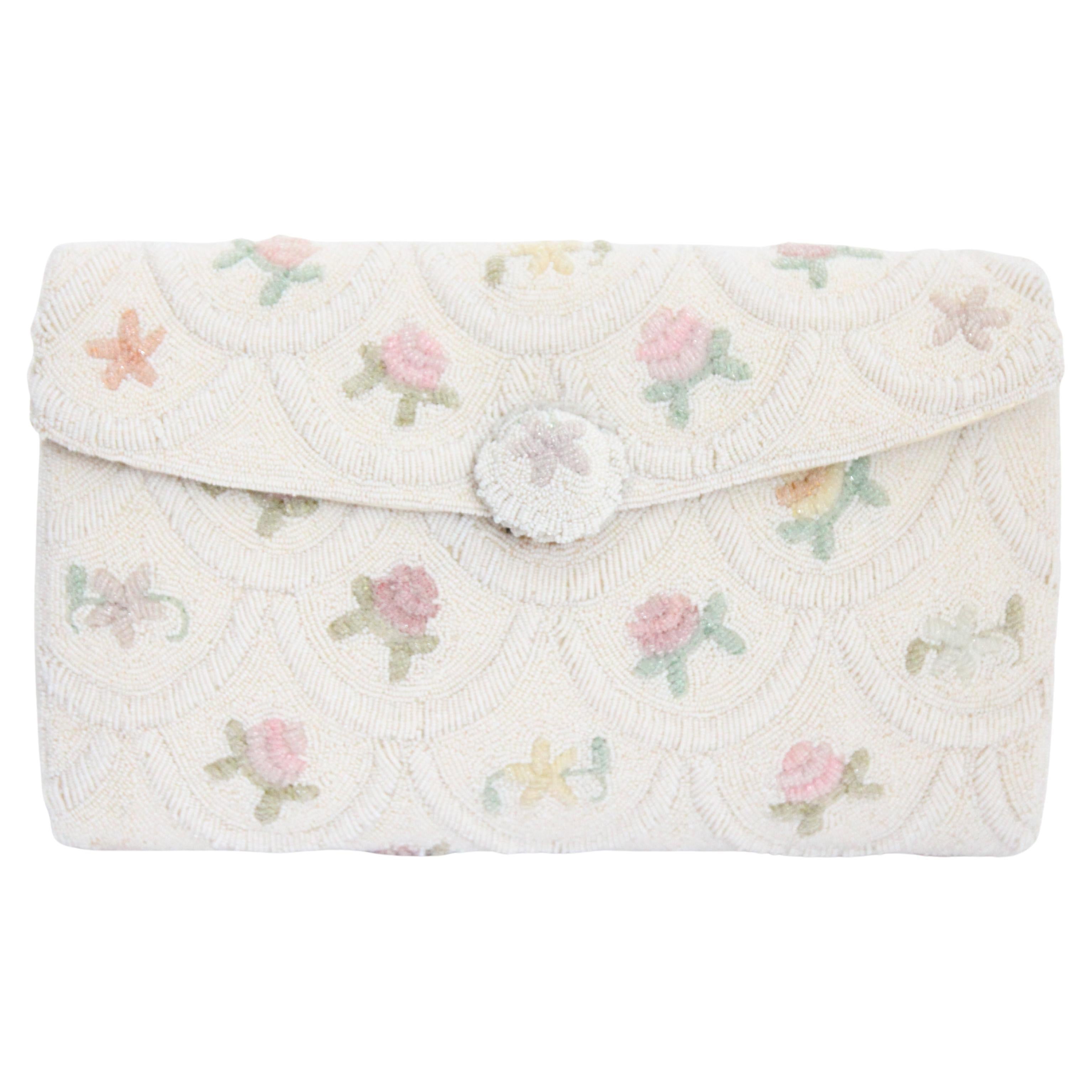 Vintage 1950's French Floral Beaded Clutch Bag 1950's Beaded floral handbag For Sale