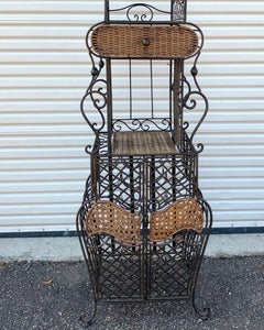 Vintage 1950’s French Iron and Woven Wicker Standing Wine Rack