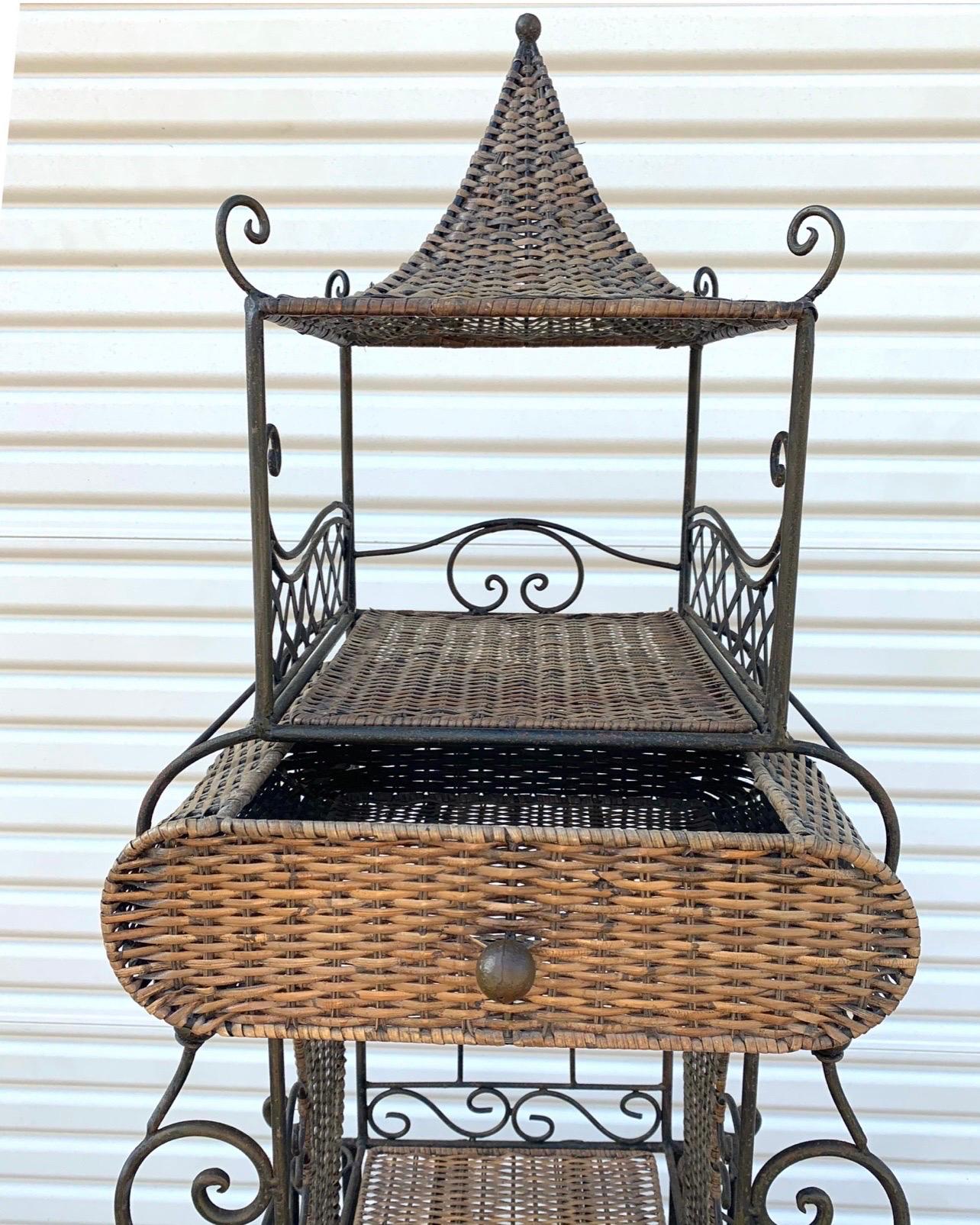 Vintage 1950’s French Iron and Woven Wicker Standing Wine Rack In Good Condition In Charleston, SC