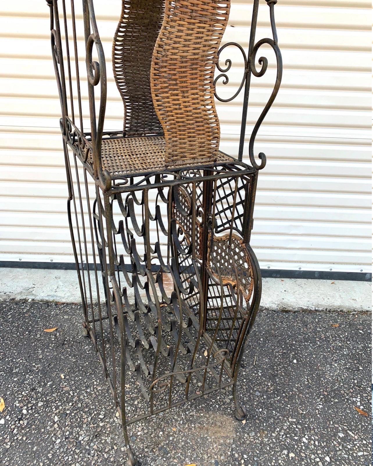 Vintage 1950’s French Iron and Woven Wicker Standing Wine Rack 1