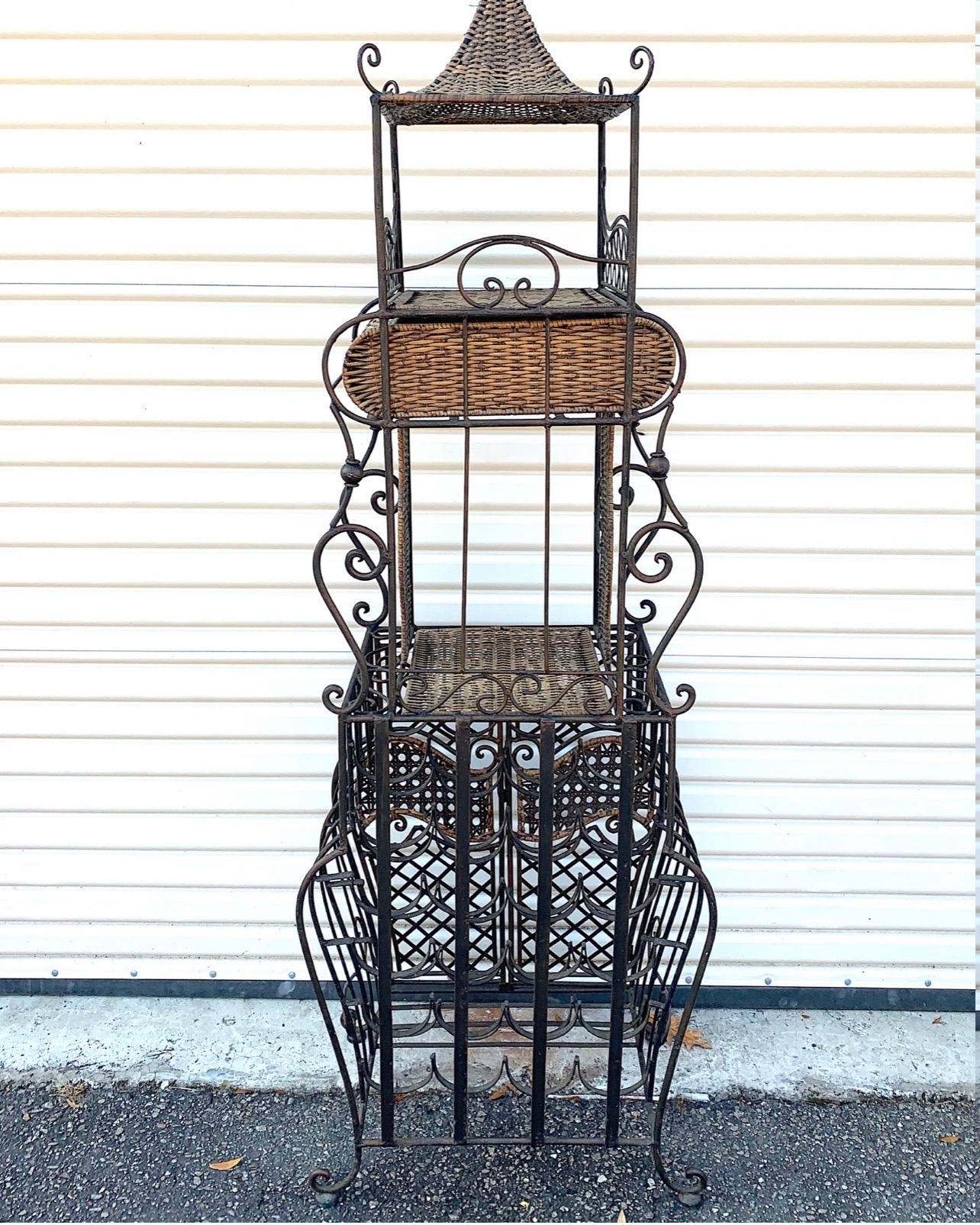 Vintage 1950’s French Iron and Woven Wicker Standing Wine Rack 2