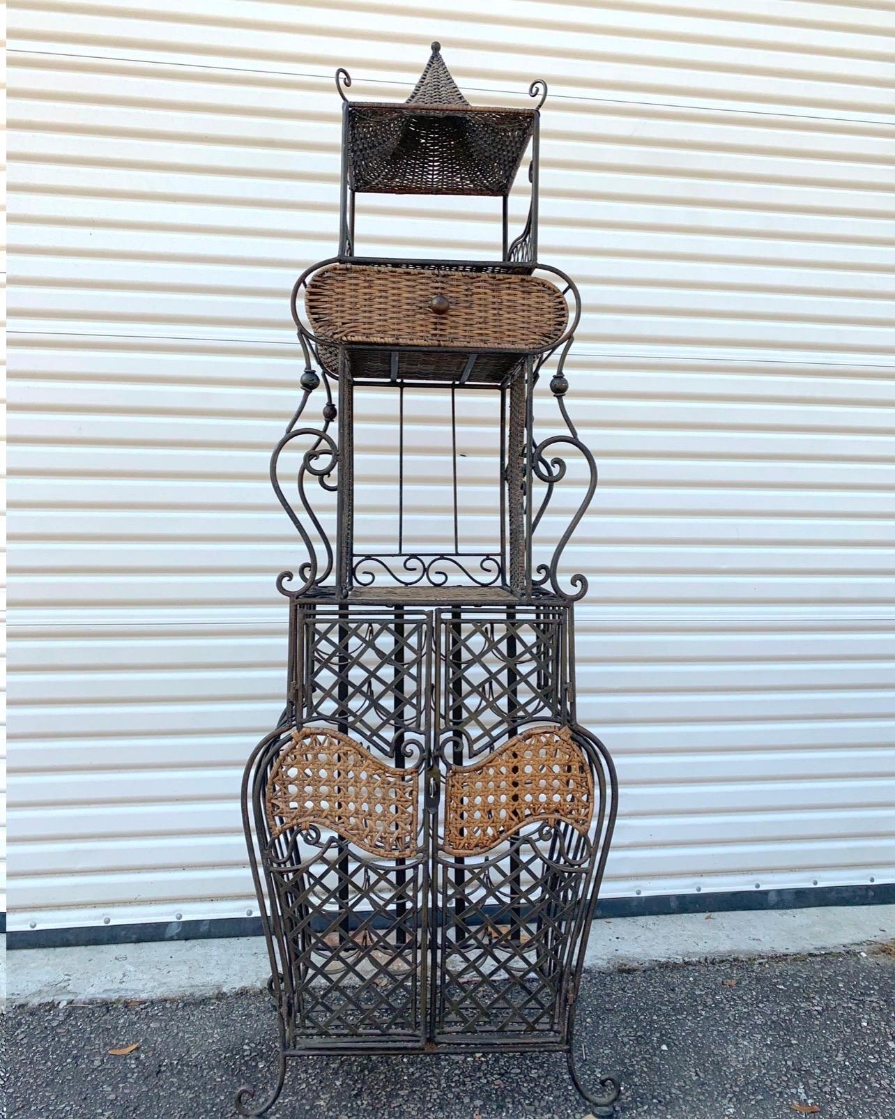 Vintage 1950’s French Iron and Woven Wicker Standing Wine Rack 3