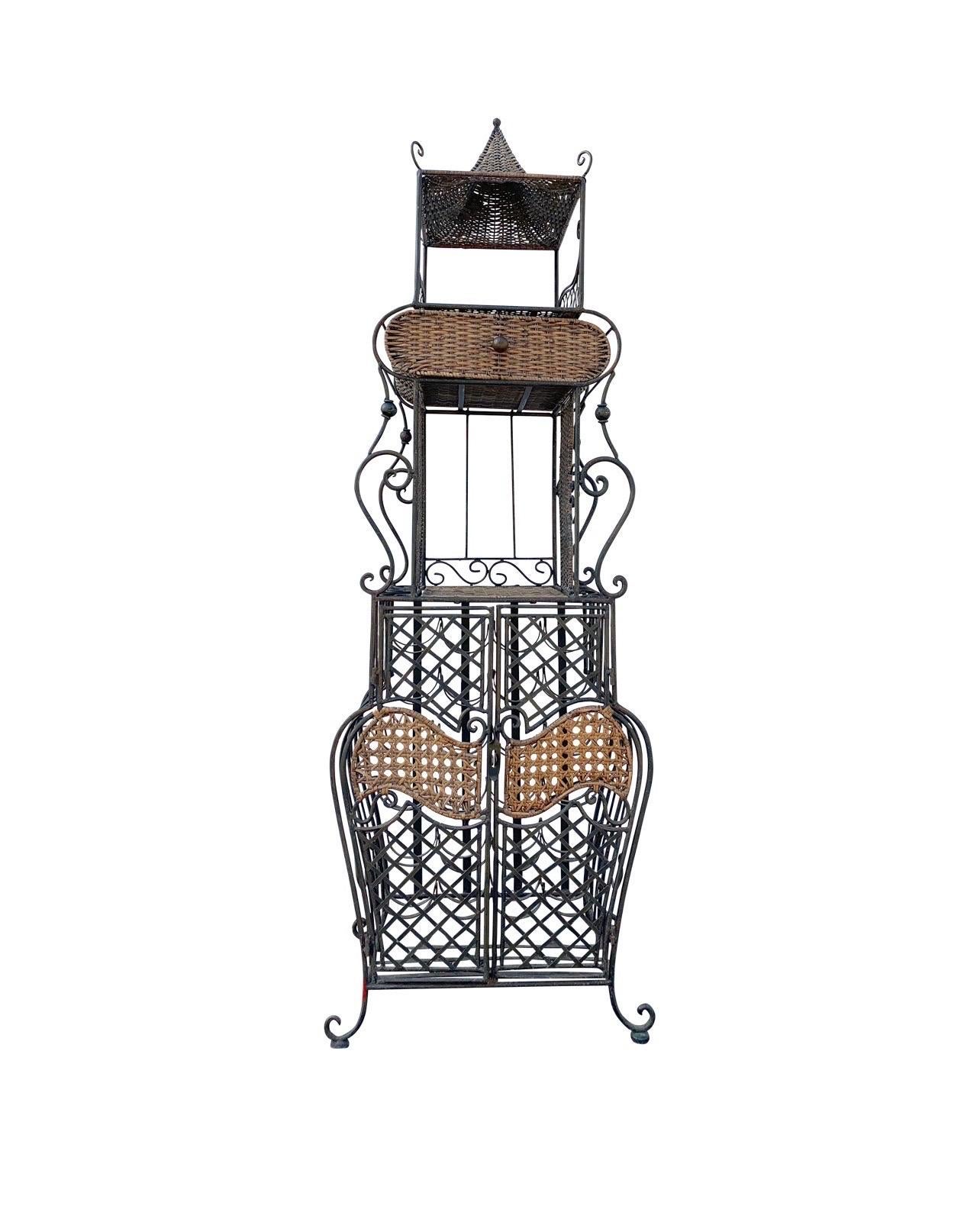 Vintage 1950’s French Iron and Woven Wicker Standing Wine Rack