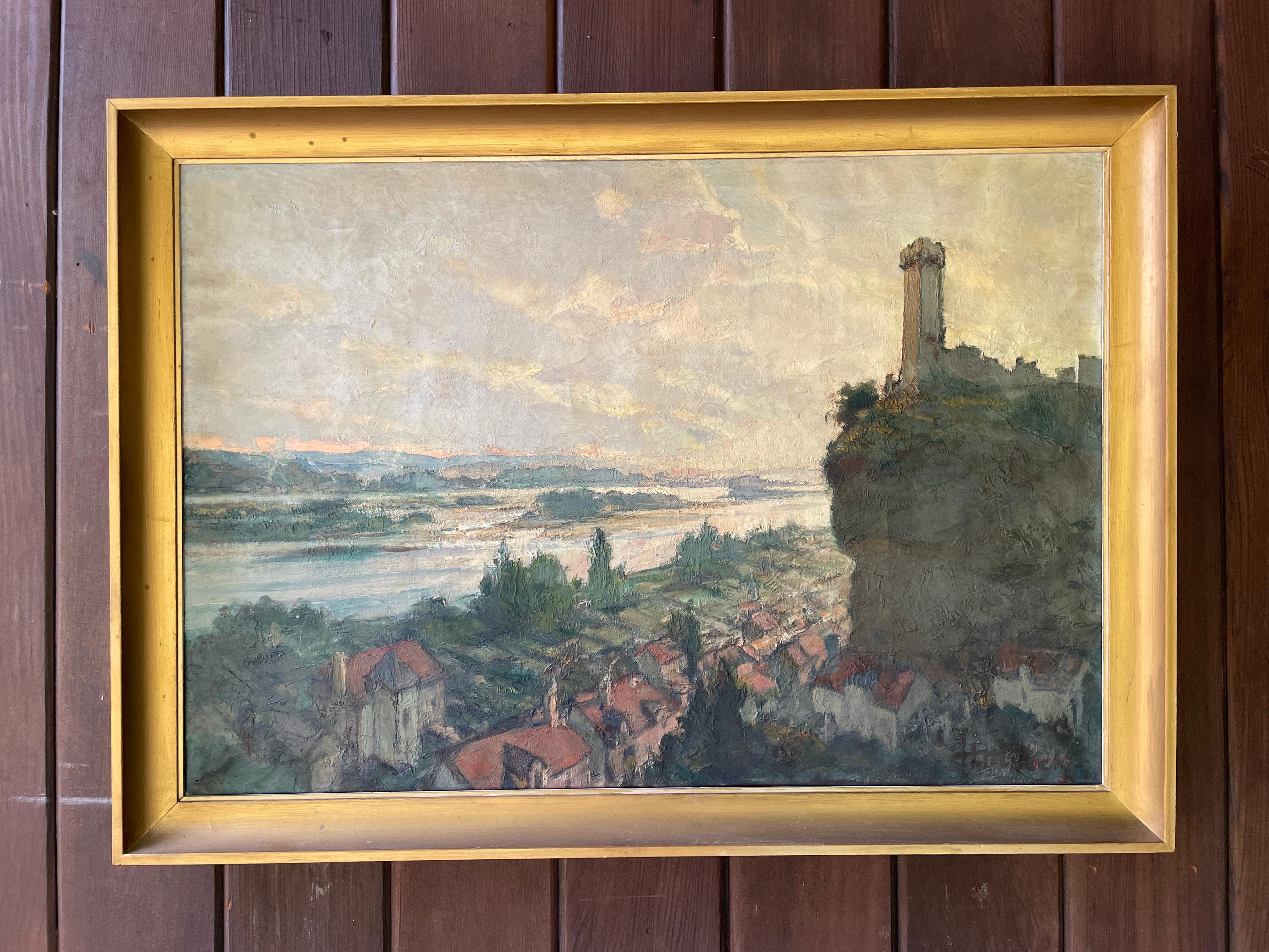 Mid-Century moderno Pittura ad olio francese d'epoca degli anni '50 di Henri Miloch Castle in vendita