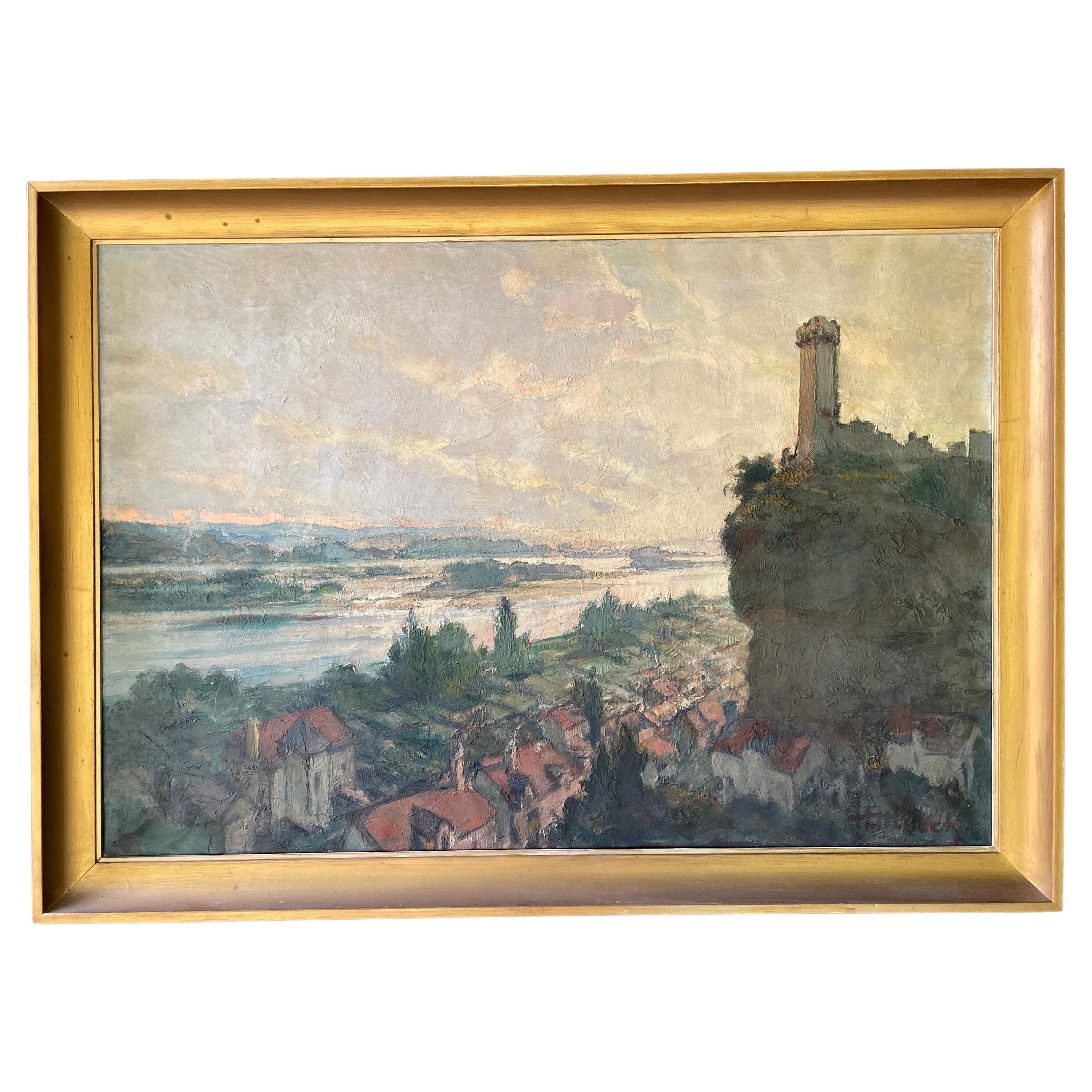 Vintage 1950s French Oil Painting by Henri Miloch Castle