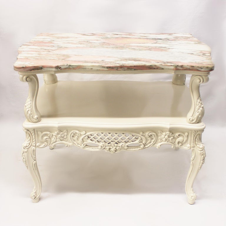 Vintage 1950s French Provincial Pink MarbleTop Living Room Coffee End