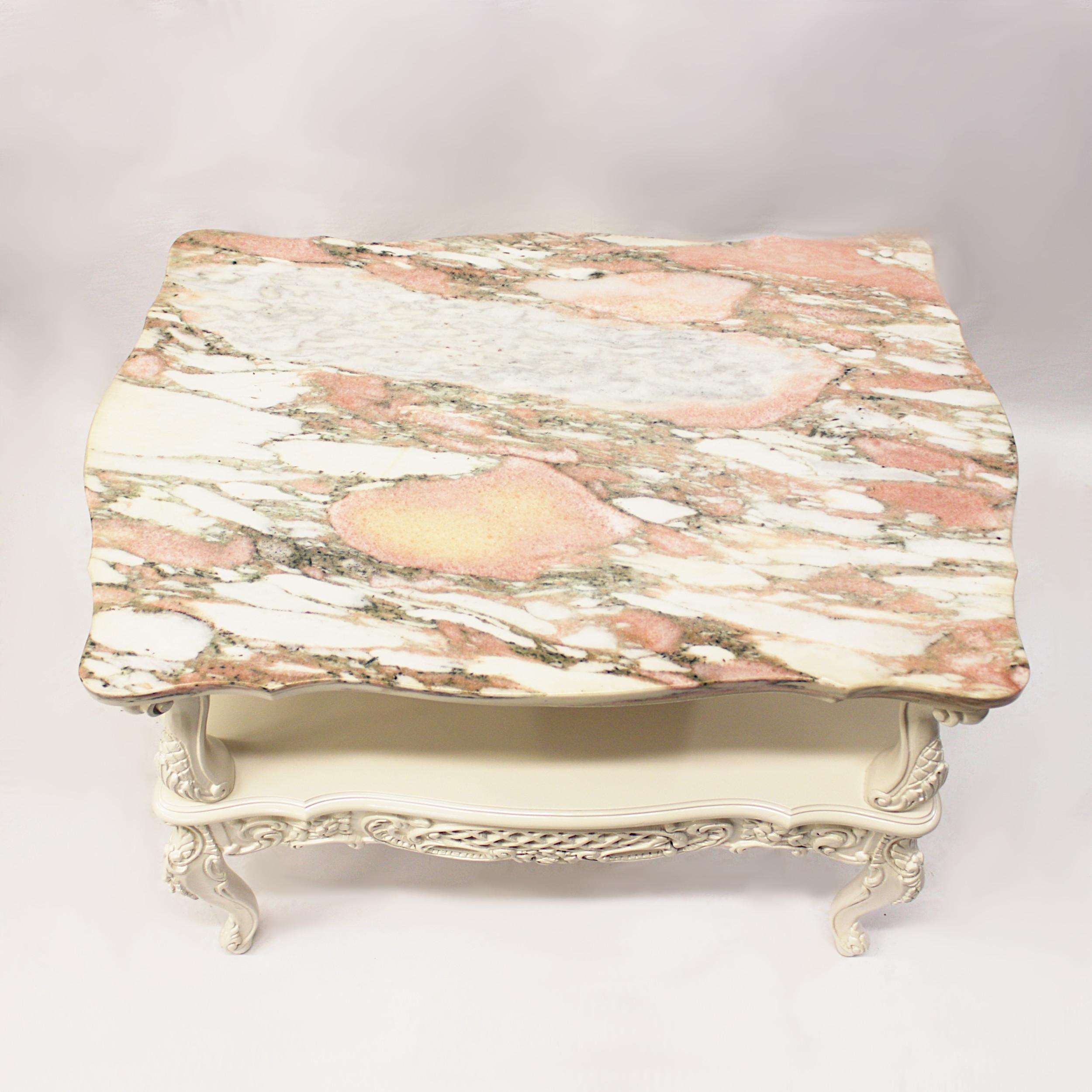 American Vintage 1950s French Provincial Pink Marble-Top Living Room Coffee End Tables