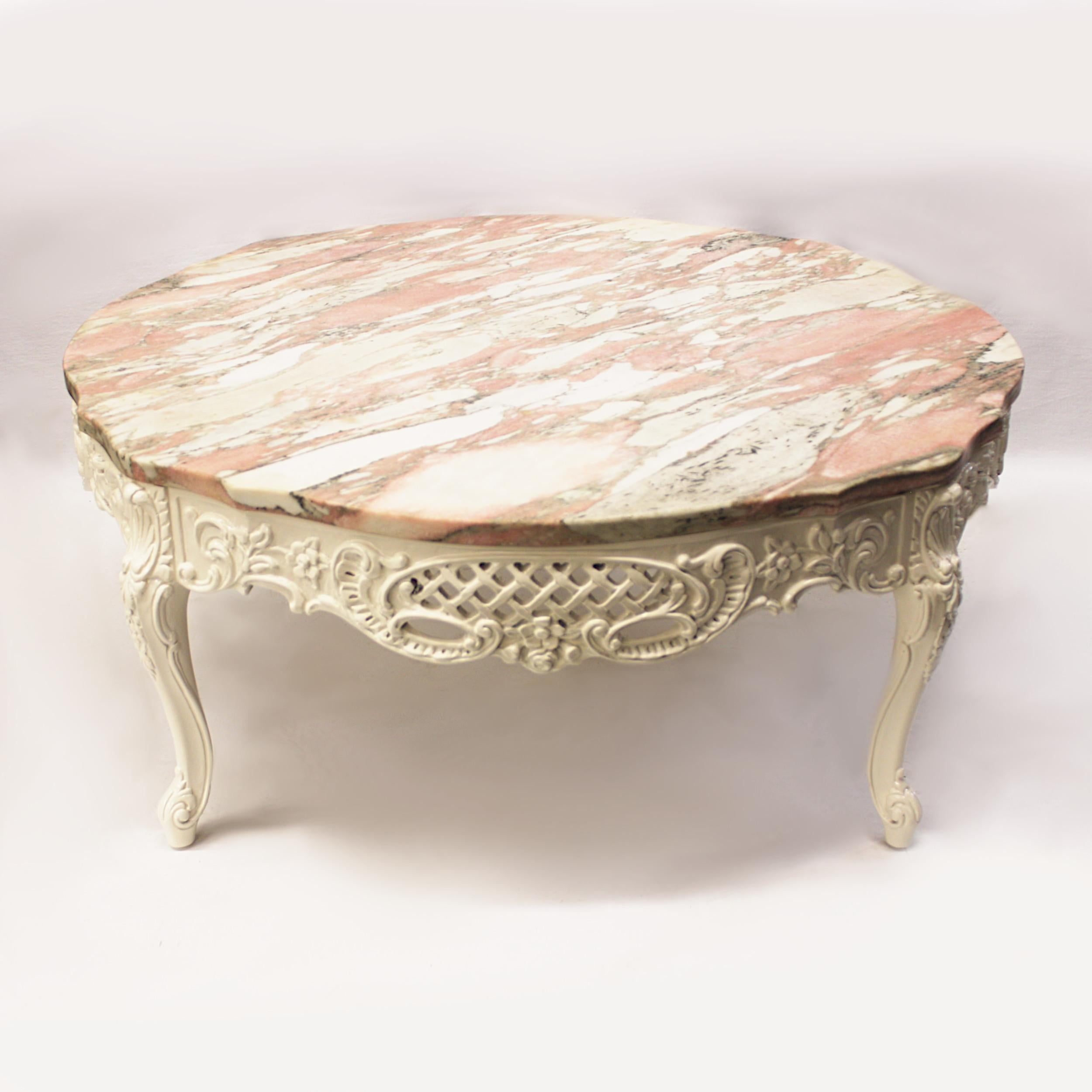 Carved Vintage 1950s French Provincial Pink Marble-Top Living Room Coffee End Tables