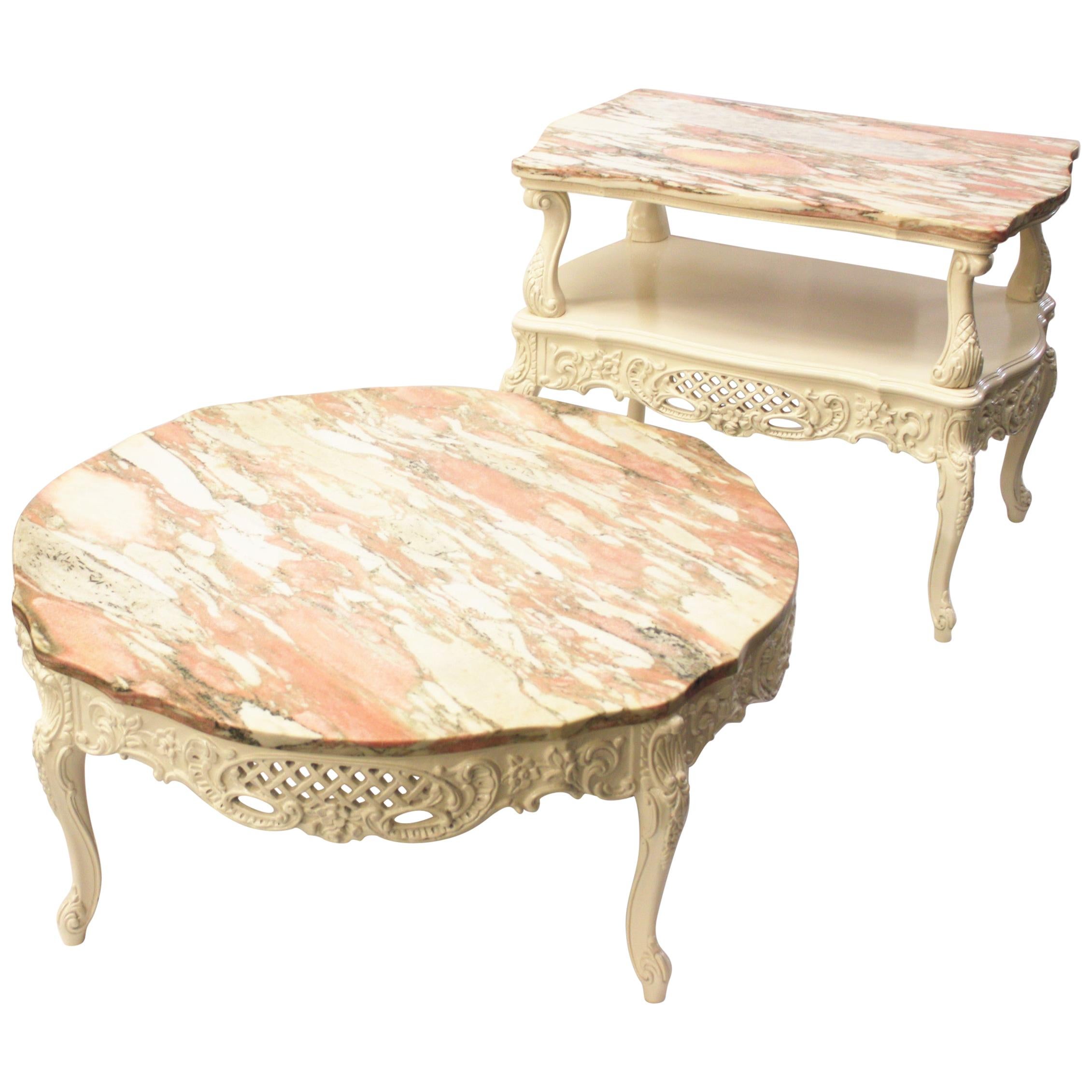 Vintage 1950s French Provincial Pink Marble-Top Living Room Coffee End Tables