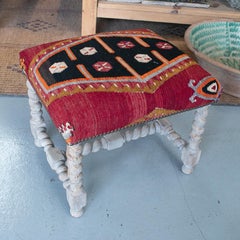 Vintage 1950s French Tapestry-Woven Kilim Upholstered Stool w/ Spindle Legs