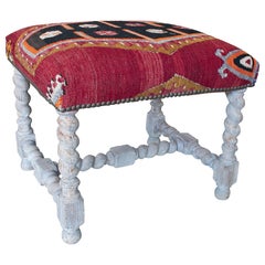 Vintage 1950s French Tapestry-Woven Kilim Upholstered Stool w/ Spindle Legs