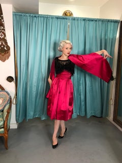 1950's Fuchsia Pink Satin Beaded Illusion Couture Cocktail Party Dress w/ Shawl
